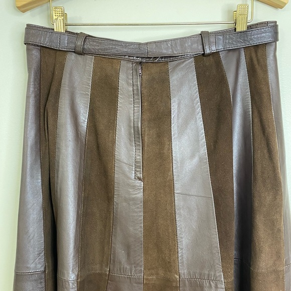 VINTAGE LEATHER SUEDE STRIPED ALINE SKIRT WITH MATCHING LEATHER TIE, ZIGZAG HEM - Picture 10 of 14